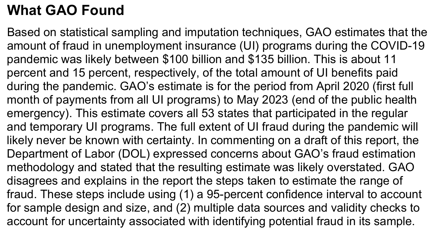 Original GAO findings excerpt showing the $100–135 billion pandemic unemployment-insurance fraud estimate, its April 2020–May 2023 scope, the Labor Department’s objection, and GAO’s methodology qualification.