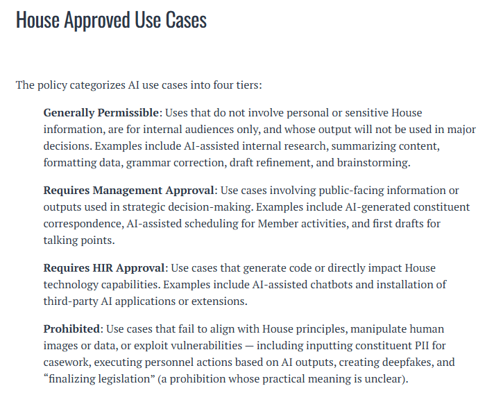POPVOX House Approved Use Cases. The prohibited category includes finalizing legislation, with a note that its practical meaning is unclear.