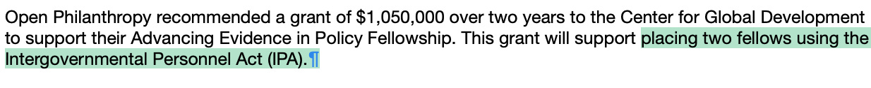 Open Philanthropy grant recommendation for $1,050,000 to support two CGD fellows placed through the IPA.