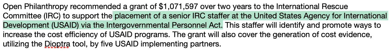 Open Philanthropy grant recommendation for $1,071,597 to support an IRC staff placement at USAID through the IPA.