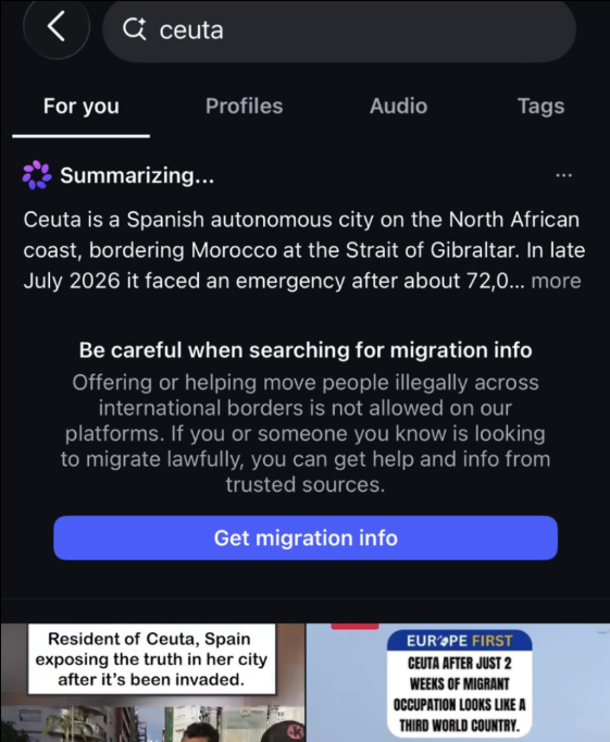 Instagram search results for Ceuta with a migration-information warning and Get migration info button
