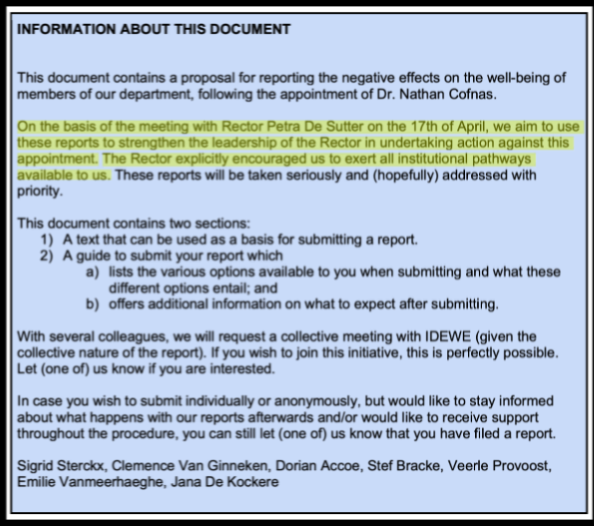 Introduction to the HOW TO REPORT document highlighting the attributed meeting with Rector Petra De Sutter and encouragement to use institutional pathways