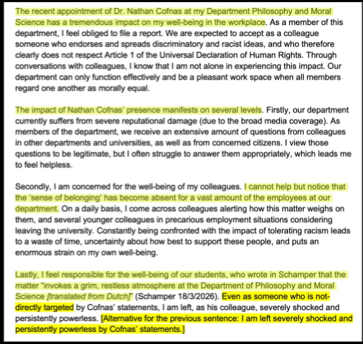 Highlighted complaint-template language describing claimed workplace wellbeing effects of Nathan Cofnas's appointment