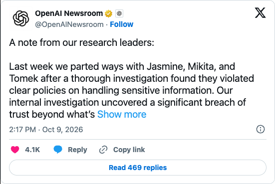 OpenAI Newsroom’s post about the investigation and termination of Jasmine, Mikita, and Tomek over handling sensitive information.