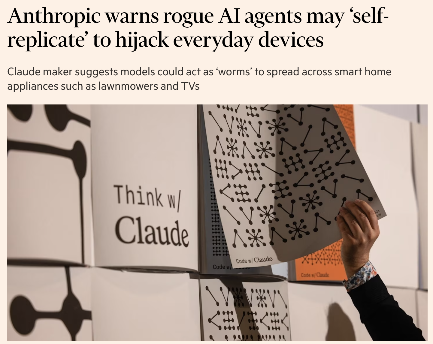 Article headline: Anthropic warns rogue AI agents may ‘self-replicate’ to hijack everyday devices. Below it, a photograph shows Claude promotional material.