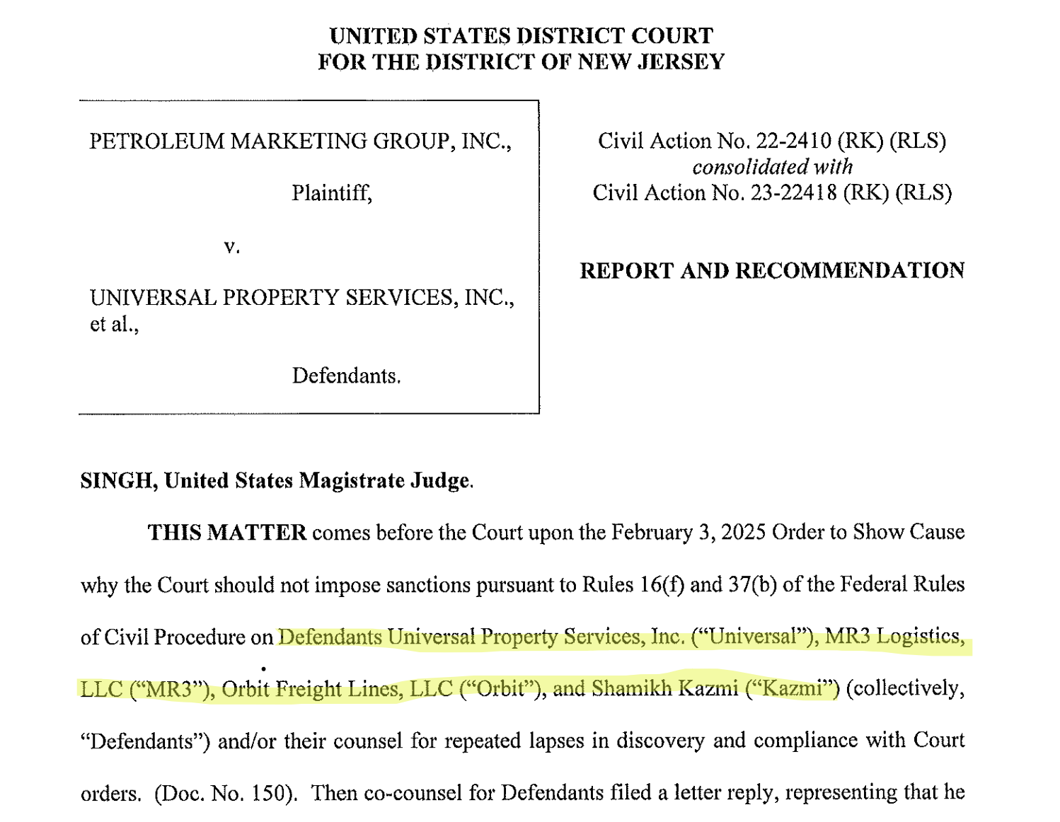 United States District Court for the District of New Jersey filing identifying Universal Property Services, MR3 Logistics, Orbit Freight Lines, and Shamikh Kazmi as defendants