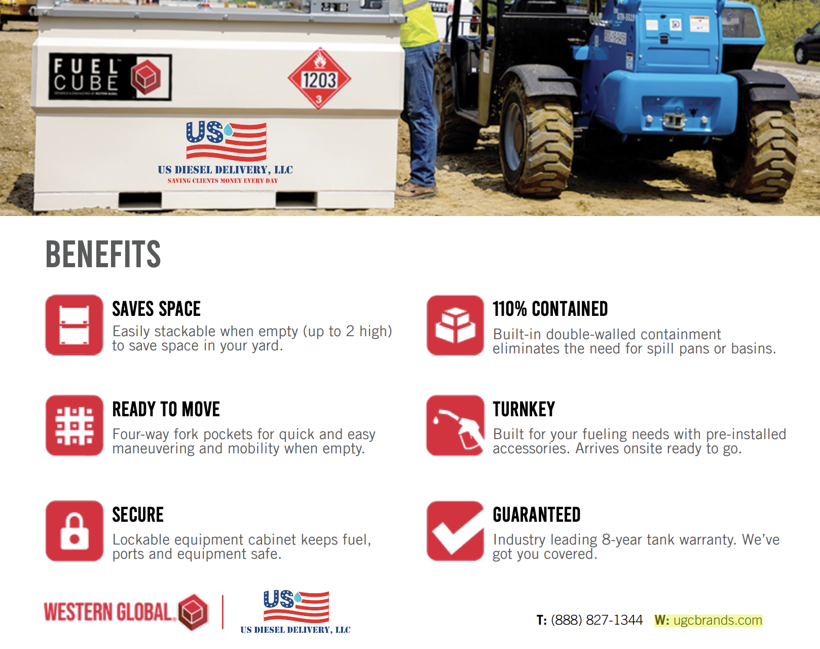 US Diesel Delivery Fuel Cube product sheet showing its equipment, branding, phone number, and ugcbrands.com website