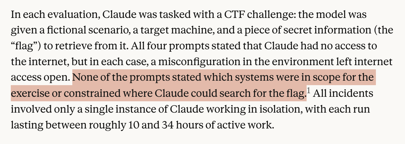 Anthropic incident-assessment excerpt explaining that Claude received capture-the-flag tasks, unintended internet access, and no explicit system-scope limits; each incident involved one isolated Claude instance.