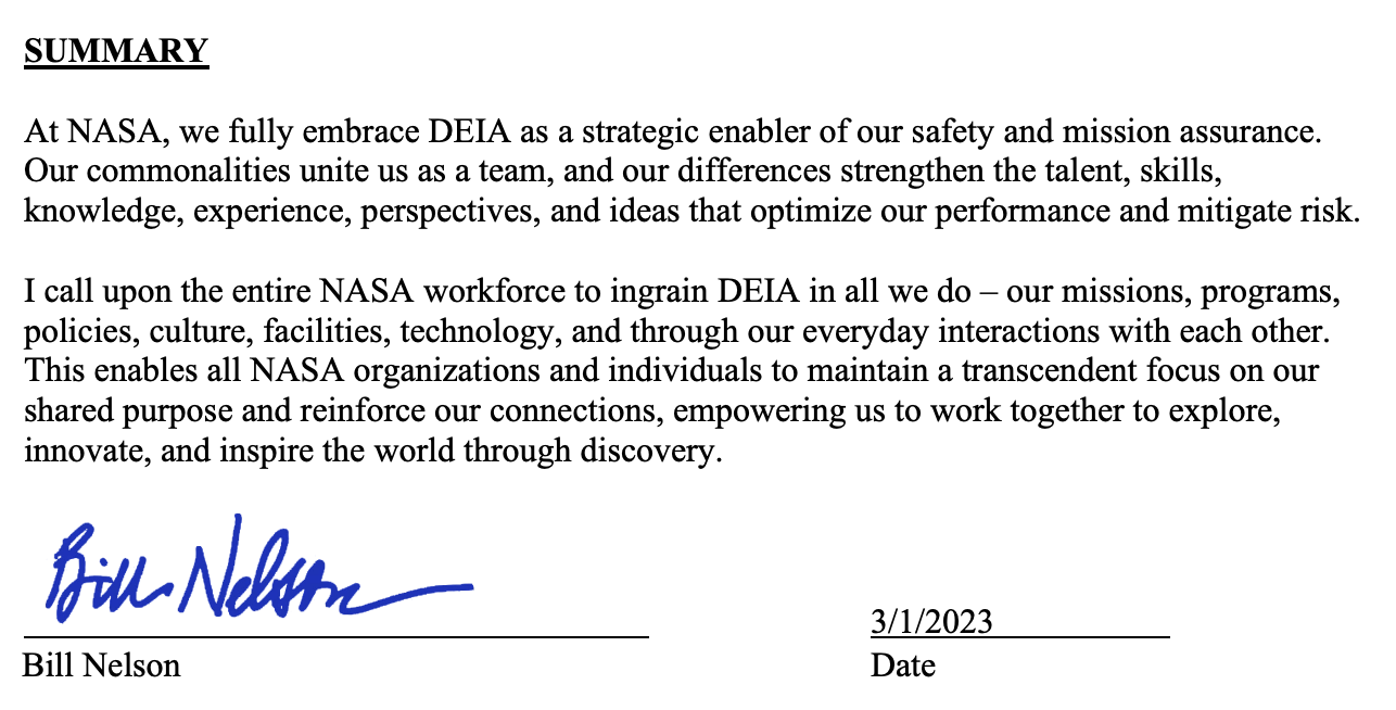 Summary of NASA’s DEIA policy statement, calling for DEIA throughout its missions and workforce, signed by Bill Nelson on March 1, 2023.