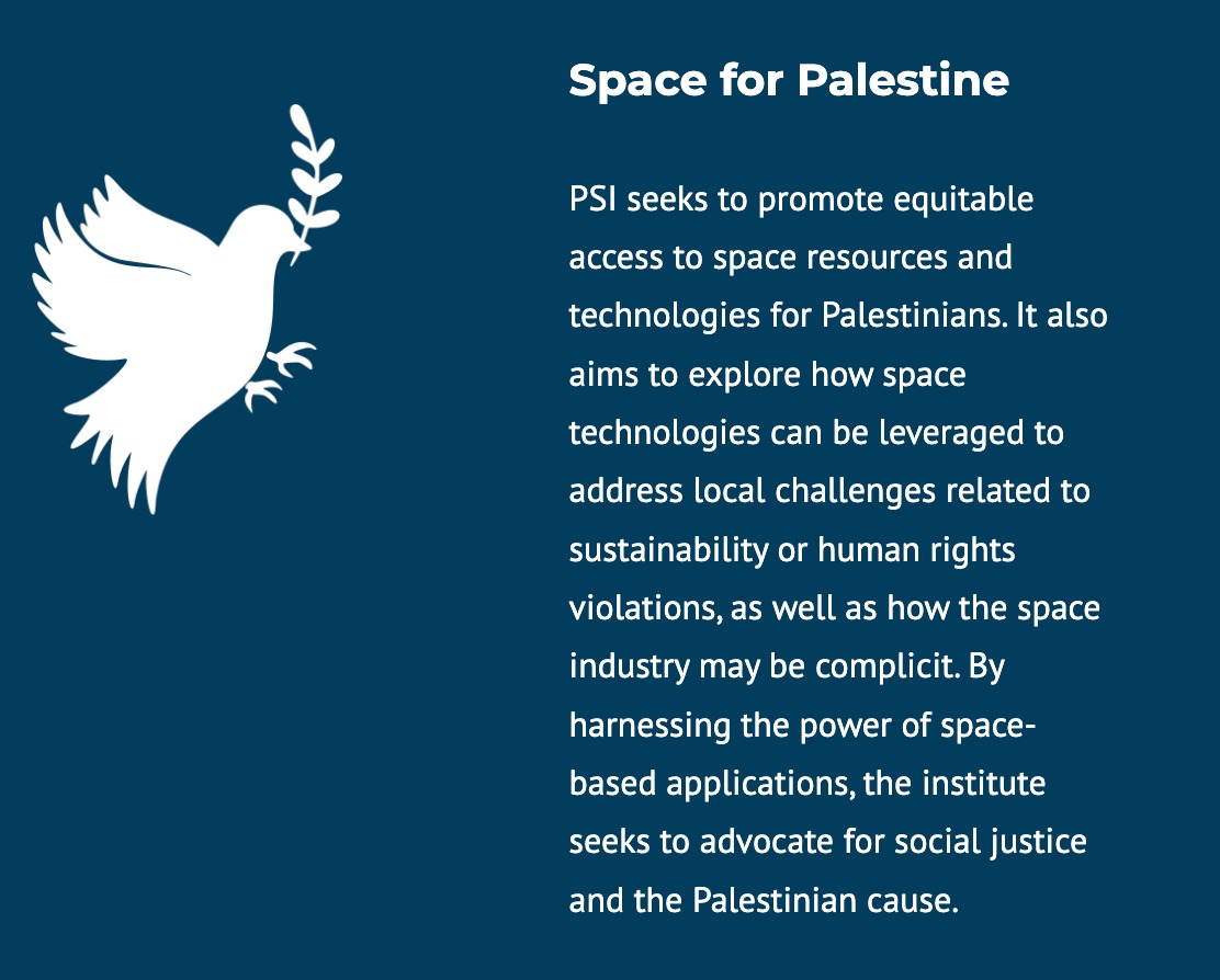 The Palestine Space Institute’s “Space for Palestine” section, describing equitable access to space technologies and advocacy for social justice and the Palestinian cause.