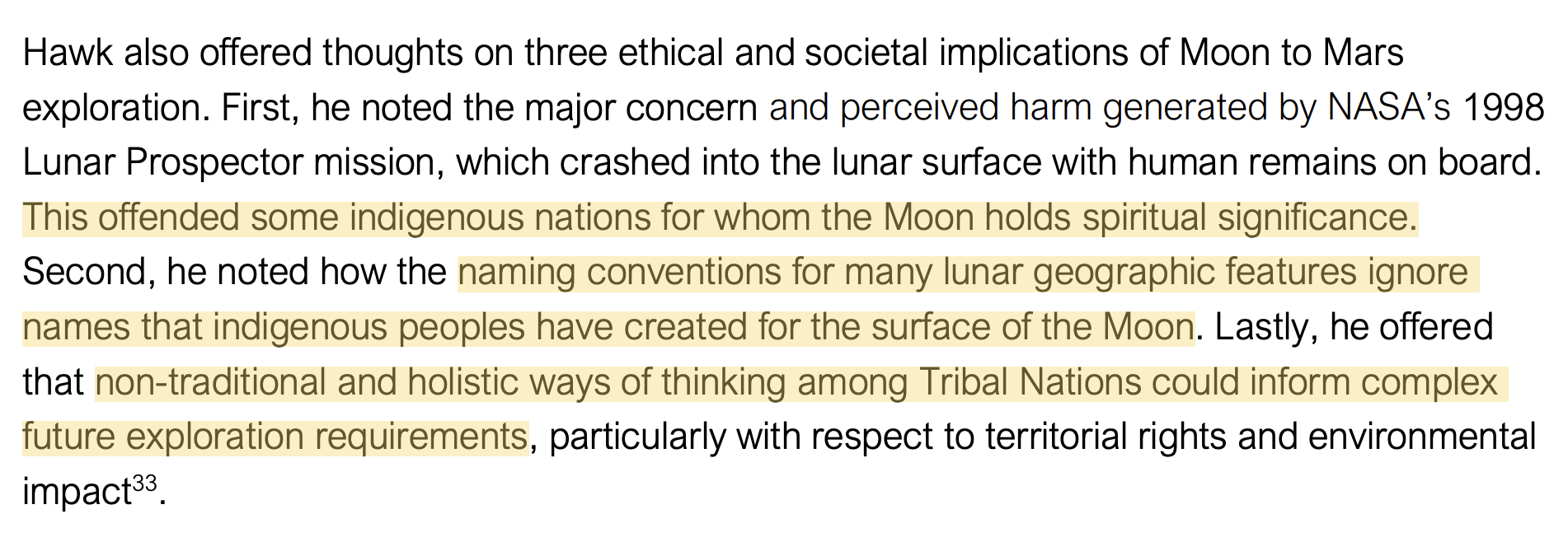 NASA workshop report excerpt describing Hawk’s remarks on Lunar Prospector, indigenous lunar naming conventions, and Tribal Nations’ approaches to future exploration, with selected passages highlighted in yellow.