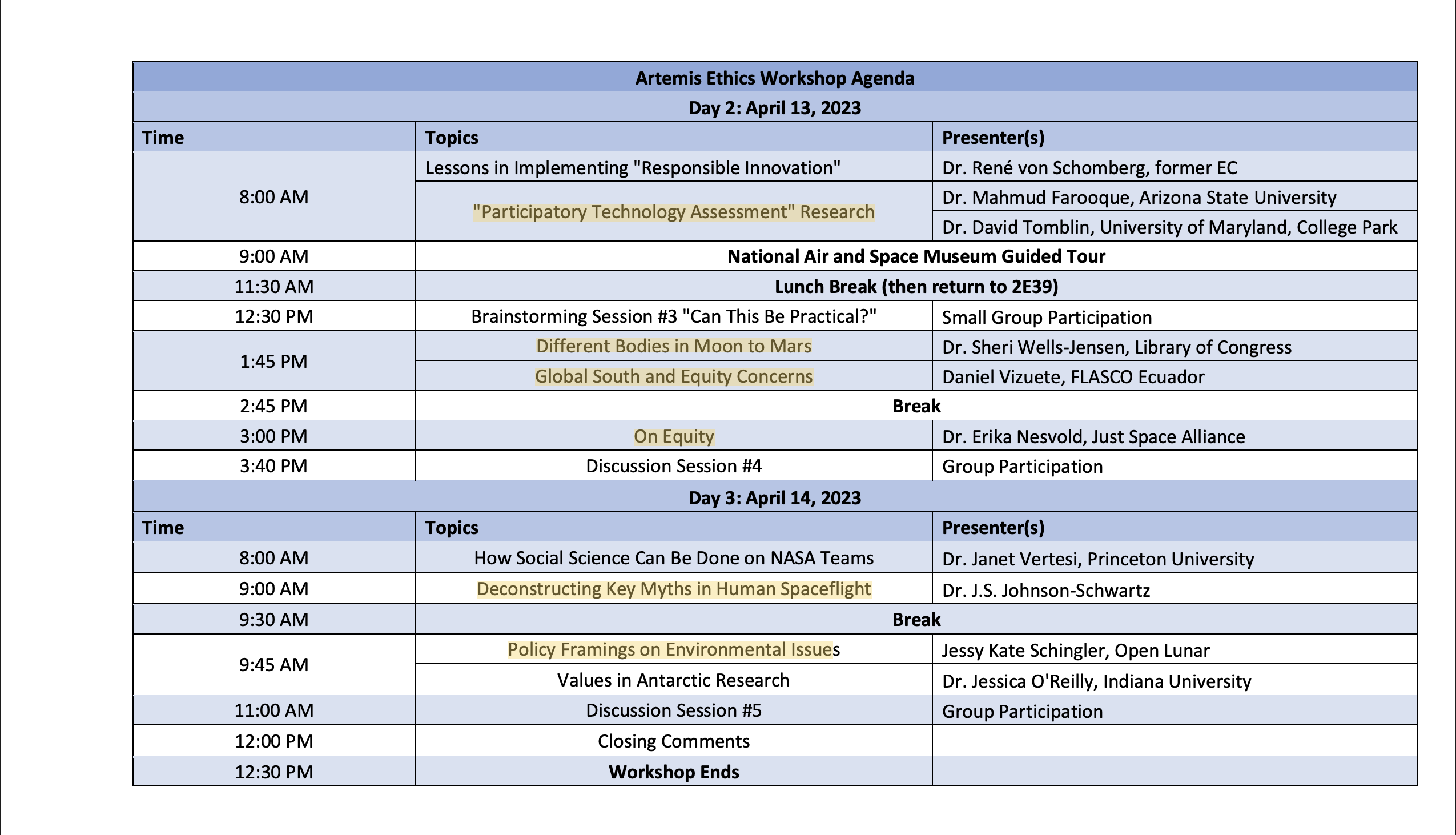 Artemis Ethics Workshop agenda for April 13–14, 2023, with selected presentation topics highlighted.