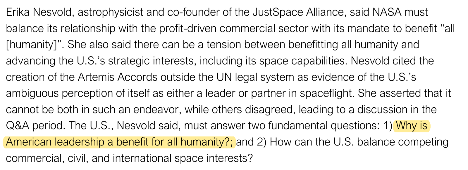 NASA workshop report excerpt quoting Erika Nesvold: “Why is American leadership a benefit for all humanity?”, highlighted in yellow.