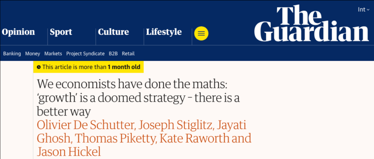 Screenshot of The Guardian opinion article about economic growth and degrowth