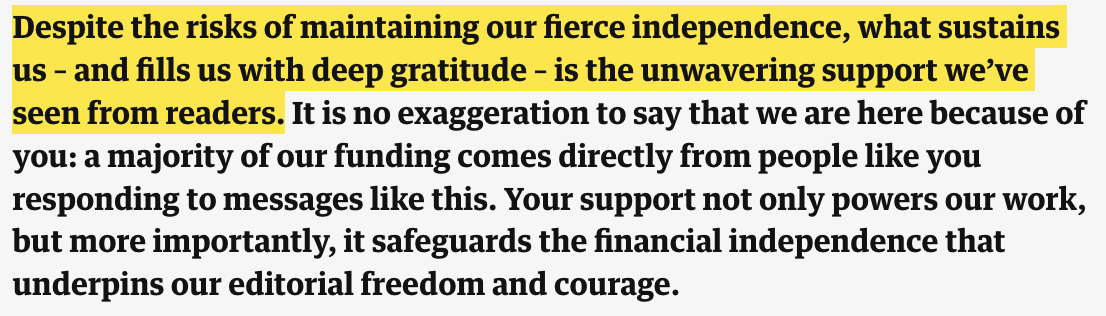 Guardian fundraising statement describing its fierce independence and reader support