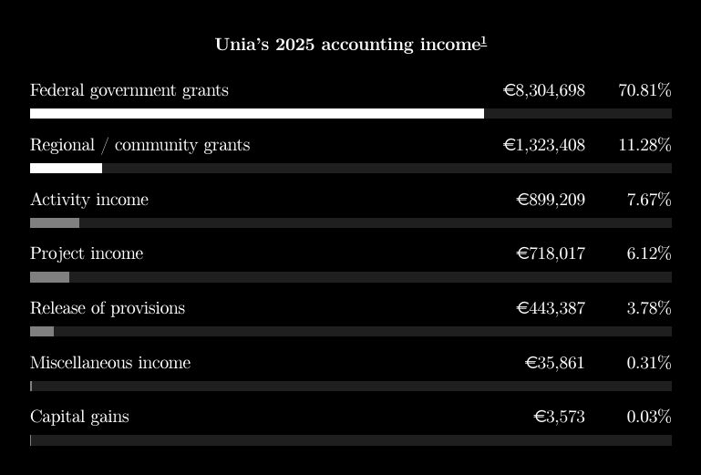 Unia’s 2025 accounting income: €9,628,106 in direct government grants out of €11,728,153 total income (82.09%).