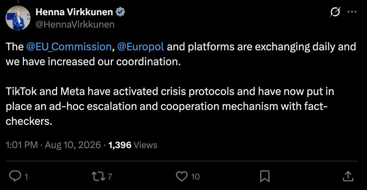 Henna Virkkunen post stating that TikTok and Meta activated crisis protocols and an ad-hoc fact-checker cooperation mechanism