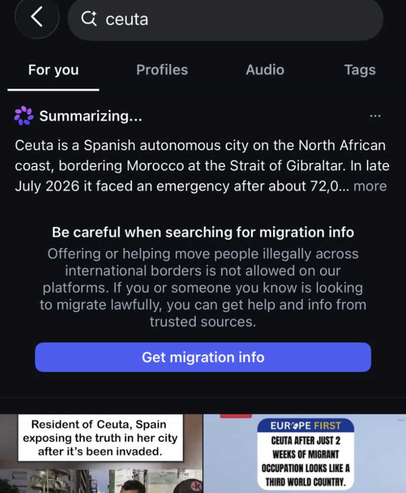 Instagram search results for Ceuta with a migration-information warning and Get migration info button