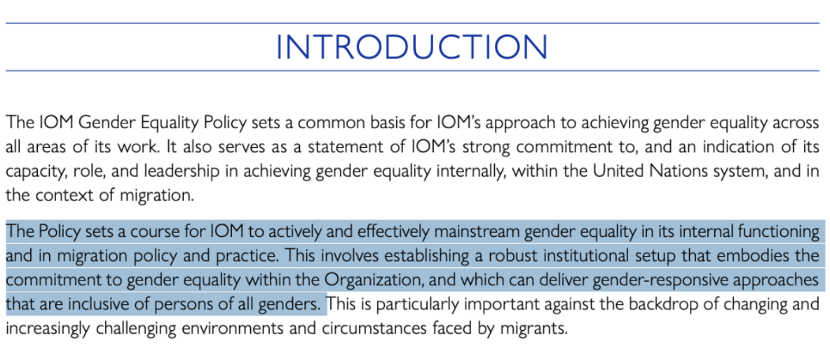 IOM Gender Equality Policy introduction with the gender-mainstreaming passage highlighted