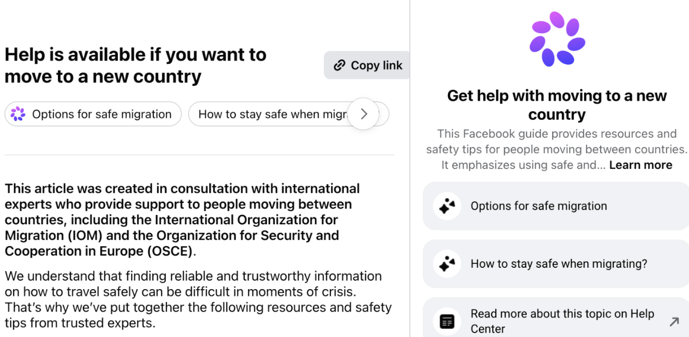 Facebook migration guide naming IOM and OSCE as consultants beside Meta's help assistant