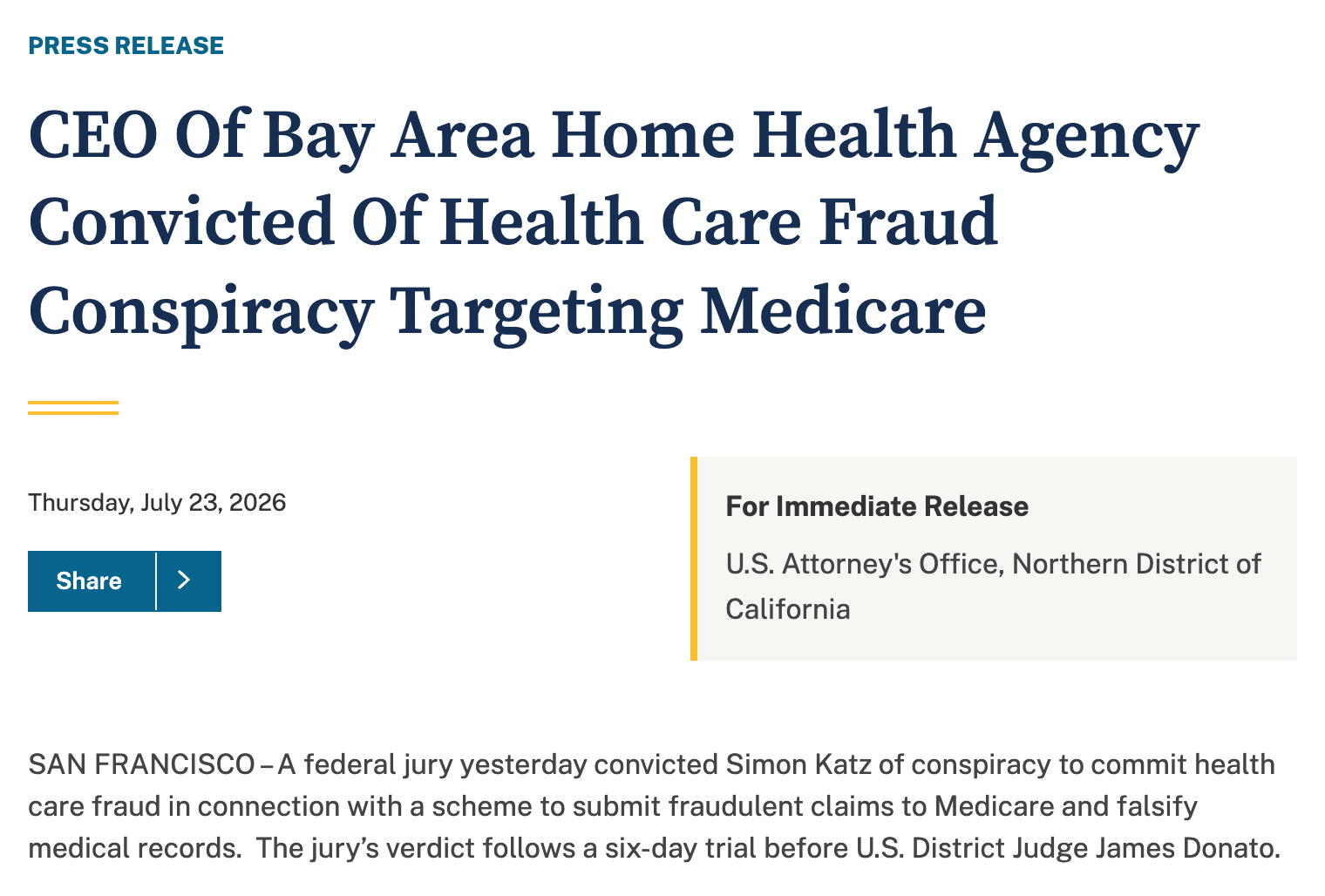 Screenshot of the Justice Department’s July 23, 2026 release announcing Simon Katz’s jury conviction for a health-care-fraud conspiracy involving false Medicare claims and falsified medical records.