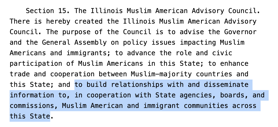 Illinois Public Act 100-0459 section creating the Illinois Muslim American Advisory Council and stating its purposes