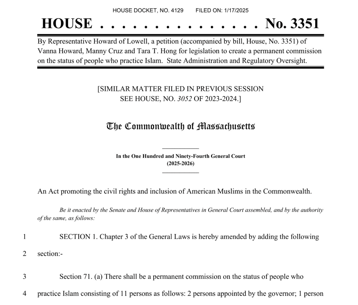 Massachusetts House Bill 3351 proposing a permanent commission on the status of people who practice Islam