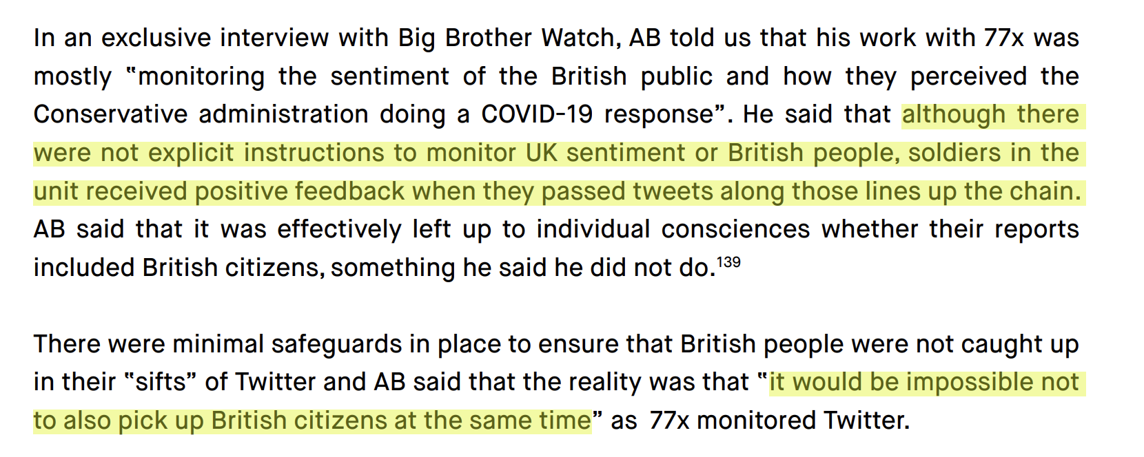 Highlighted Big Brother Watch report excerpt describing the 77th Brigade’s monitoring of British public sentiment, positive feedback for reporting British tweets, and minimal safeguards for British citizens.