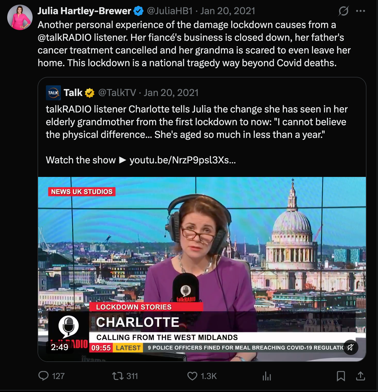 Julia Hartley-Brewer’s January 20, 2021 post describing the damage caused by lockdown.