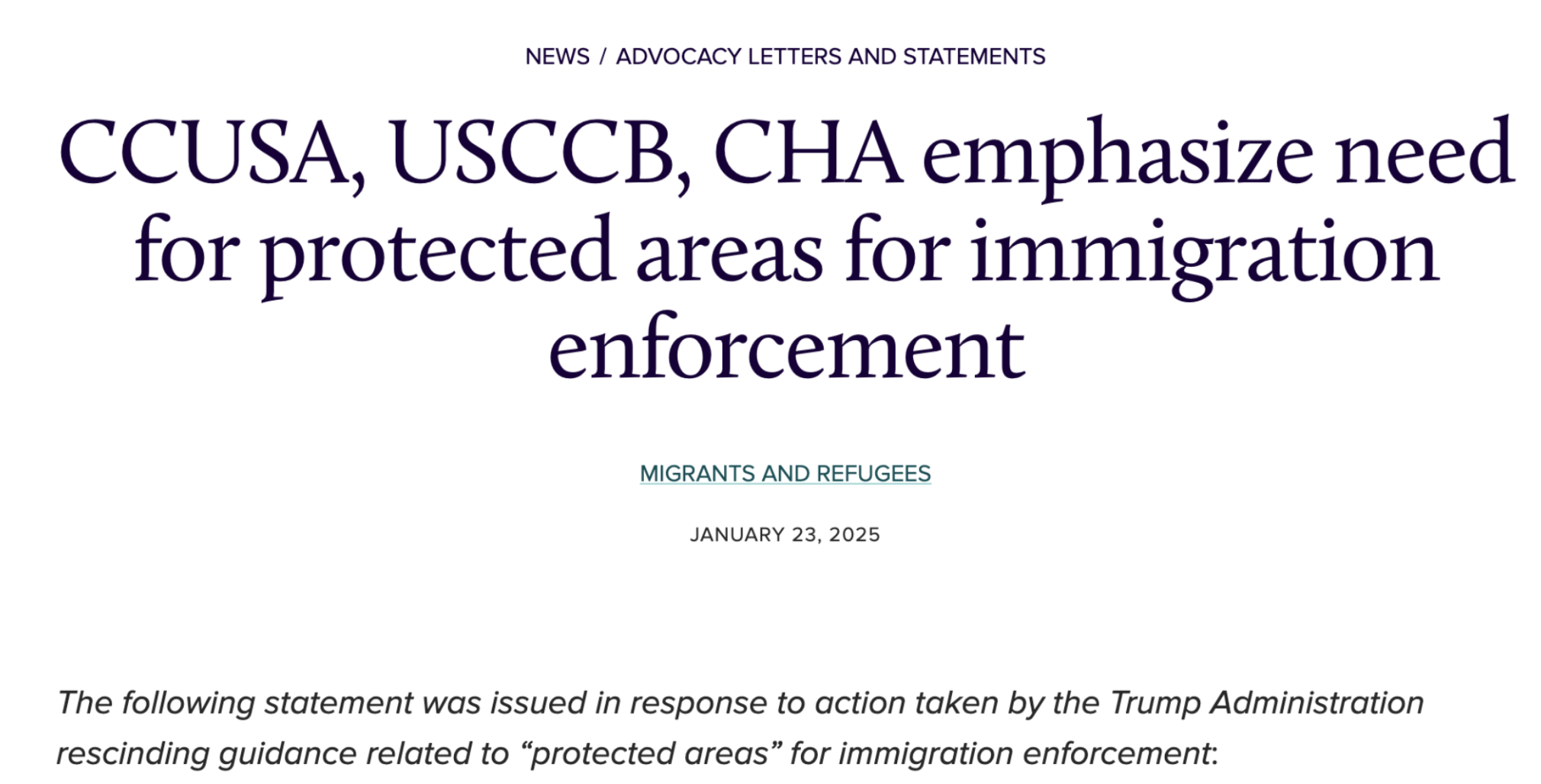 CCUSA, USCCB, and CHA statement on protected areas for immigration enforcement
