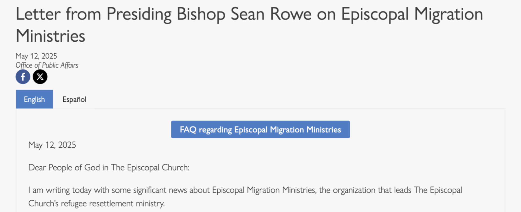 Episcopal Migration Ministries statement