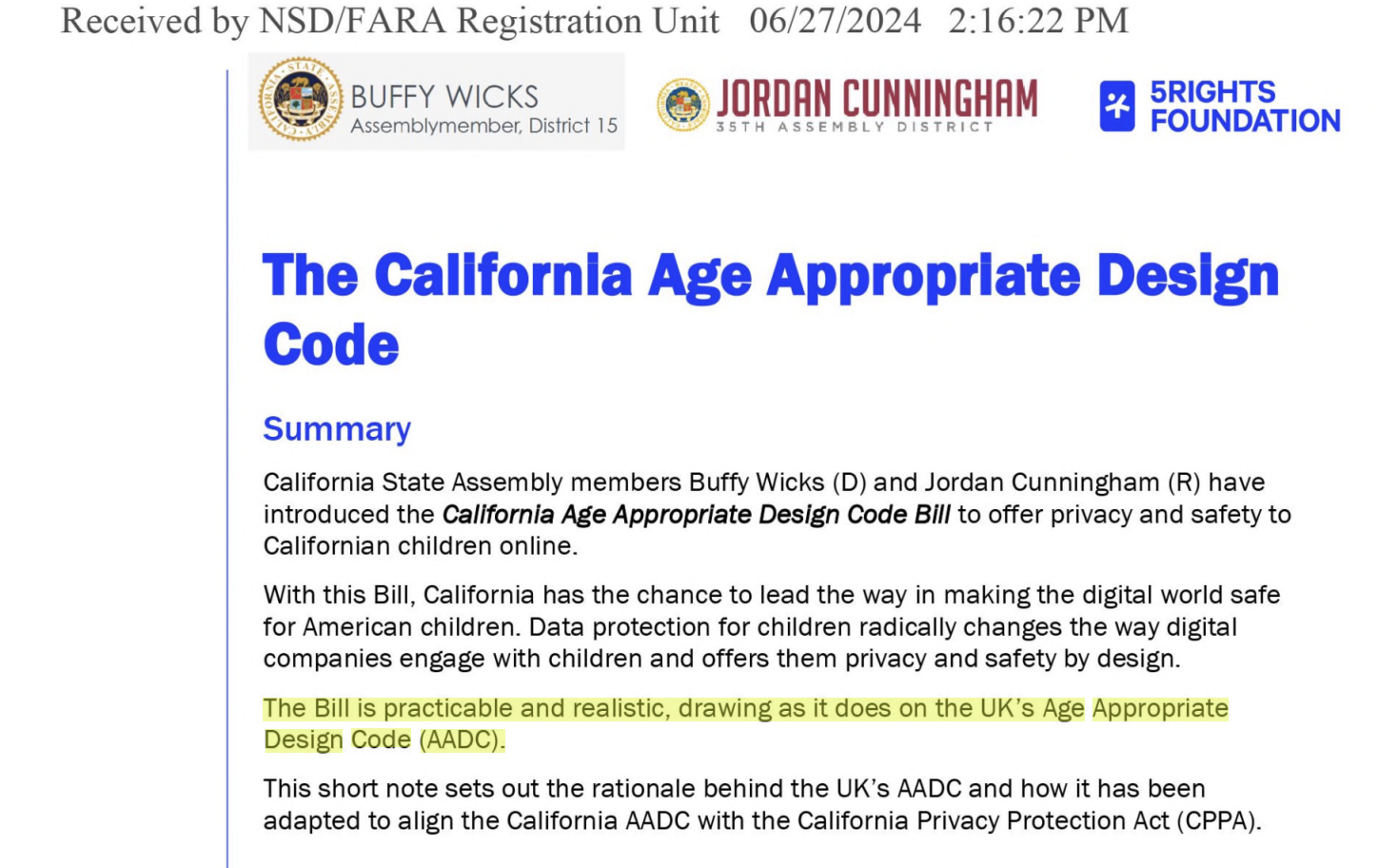 Jointly branded California Age Appropriate Design Code statement from Assemblymembers Buffy Wicks and Jordan Cunningham and 5Rights Foundation, saying the bill draws on the UK’s Age Appropriate Design Code