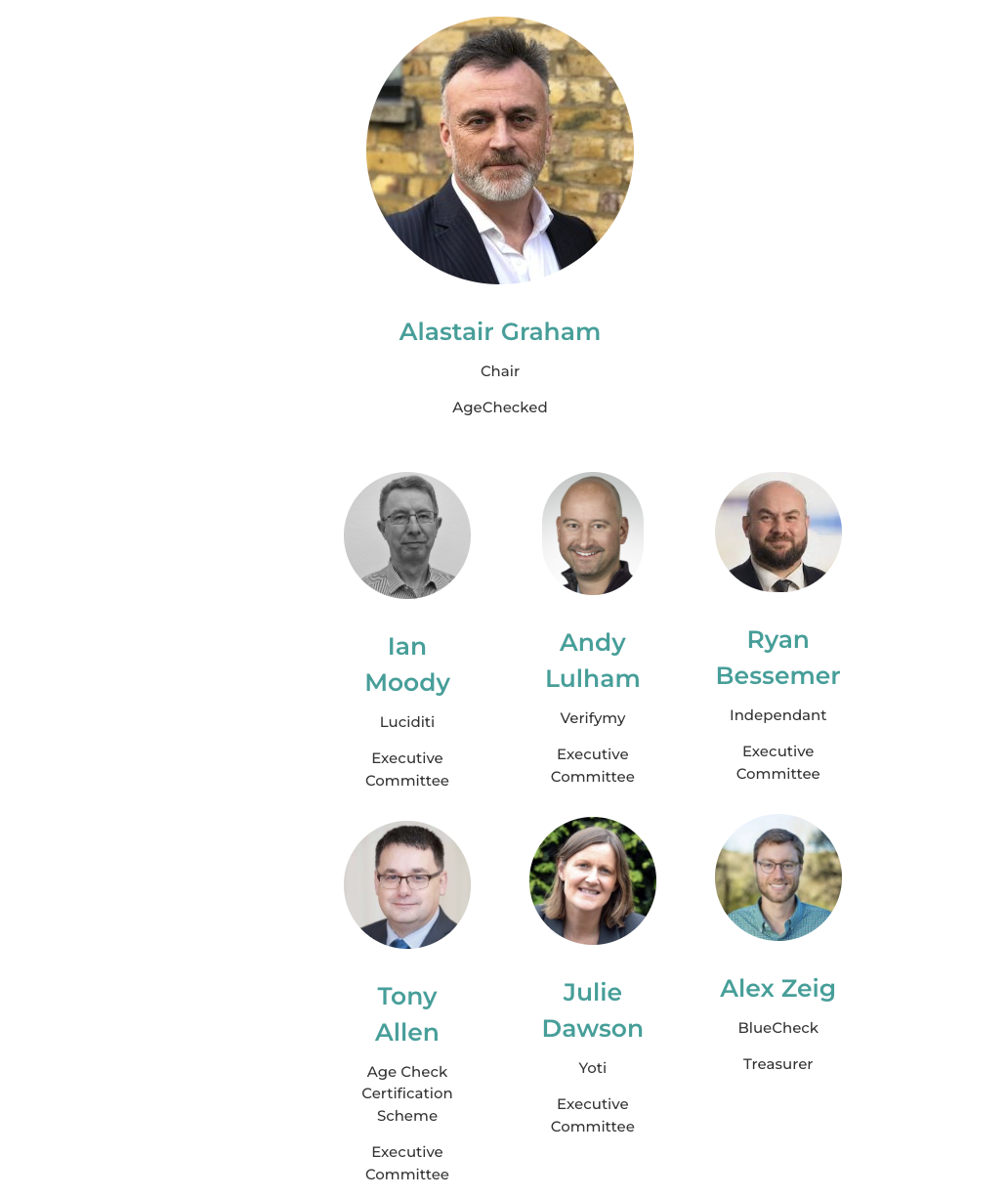 AVPA team page showing chair Alastair Graham, executive committee members Ian Moody, Andy Lulham, Ryan Bessemer, Tony Allen, and Julie Dawson, and Treasurer Alex Zeig