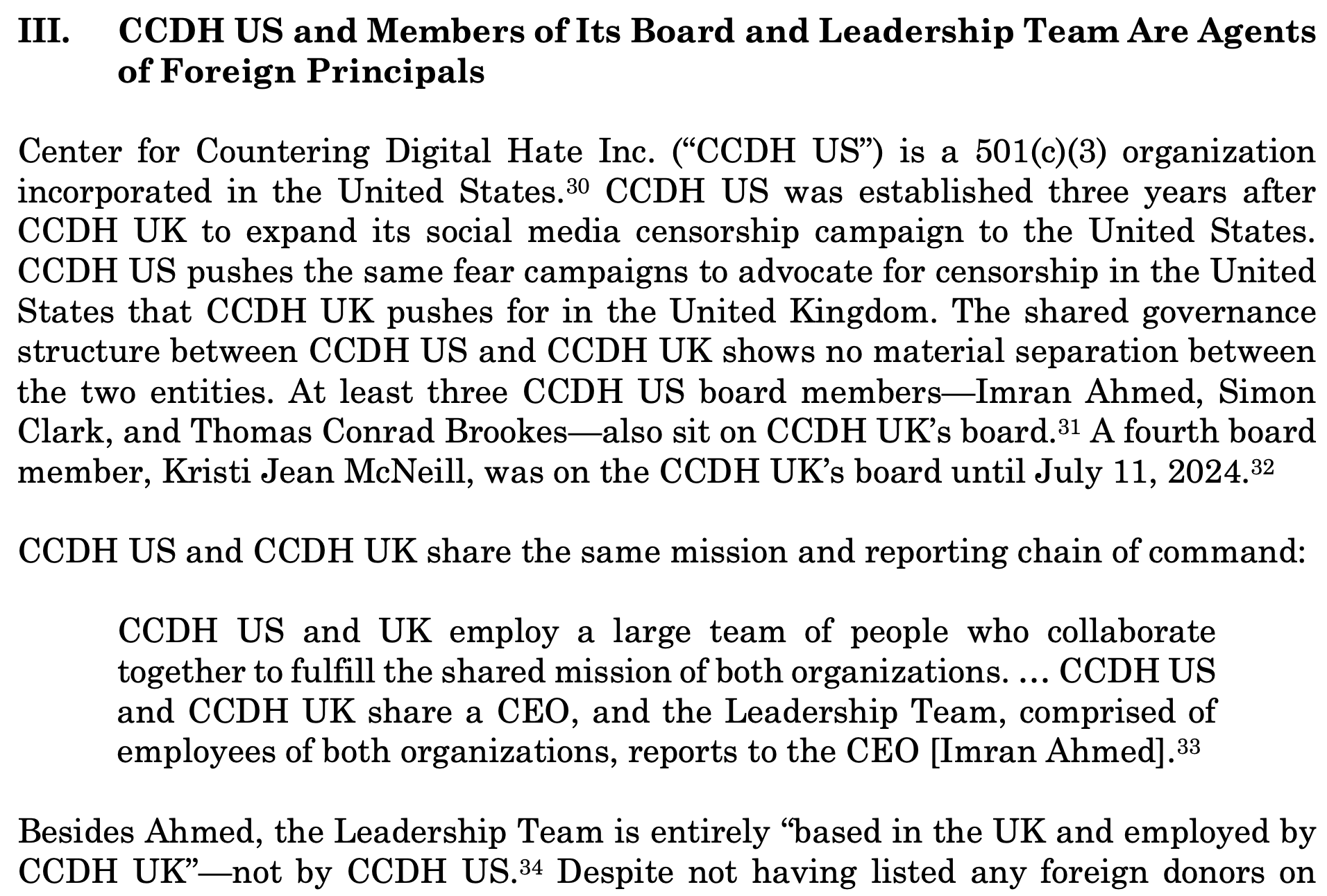 America First Legal letter section stating that CCDH US and members of its board and leadership team are agents of foreign principals