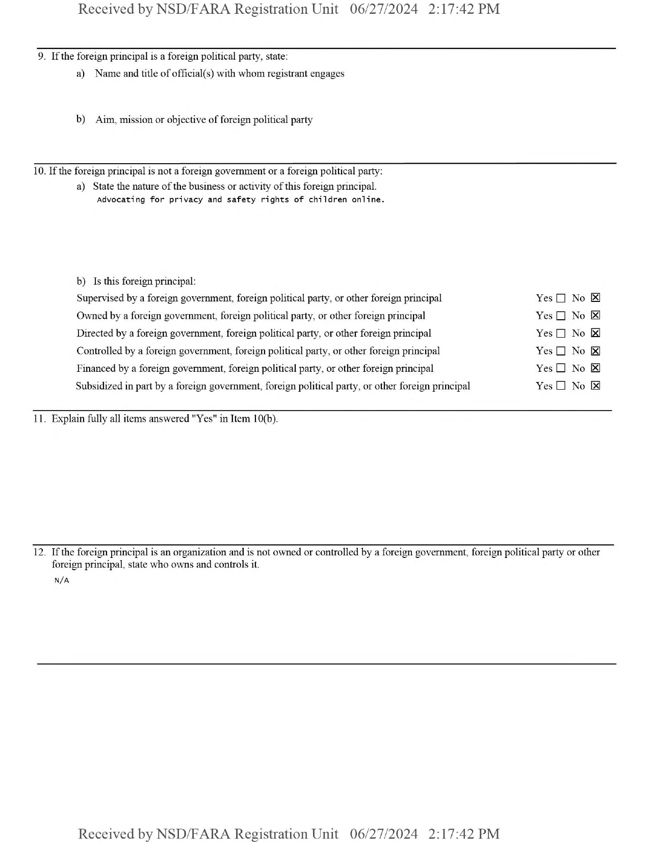 Questions 10 through 12 of Capitol Connection's FARA Exhibit A for 5Rights, showing No marked for every Item 10(b) relationship and N/A entered for Item 12